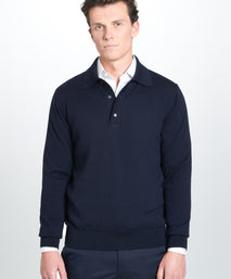 Navy Merino Wool Long Sleeve Polo Shirt