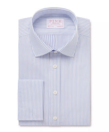 Blue & White Tailored Fit Double Cuff Panama Medium Stripe Formal Shirt