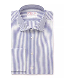 Deep Blue & White Tailored Fit Double Cuff Panama Medium Stripe Formal Shirt