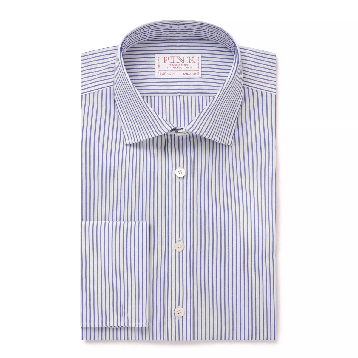 Deep Blue & White Tailored Fit Double Cuff Panama Medium Stripe Formal Shirt