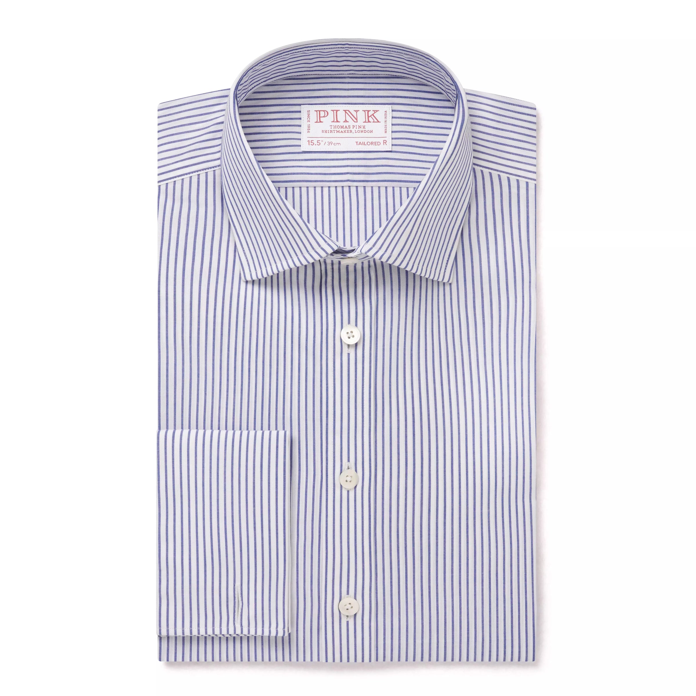 Deep Blue & White Tailored Fit Double Cuff Panama Medium Stripe Formal Shirt