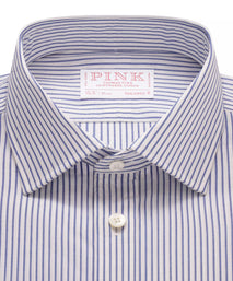 Deep Blue & White Tailored Fit Double Cuff Panama Medium Stripe Formal Shirt