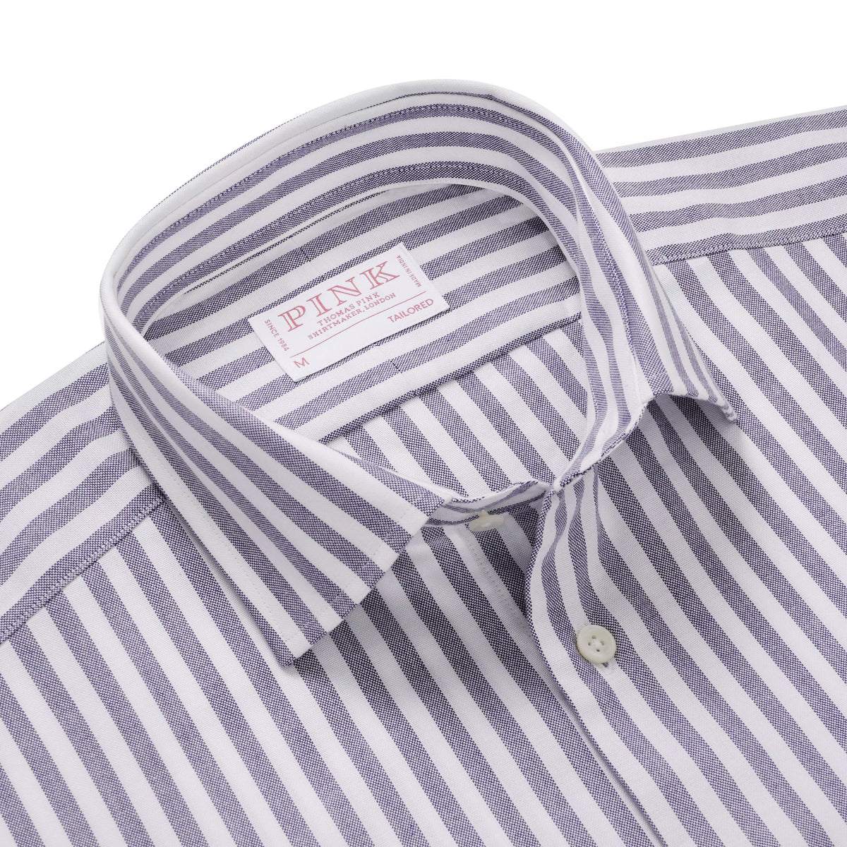 Navy Blue & White Tailored Fit Smart Casual Striped Oxford Shirt